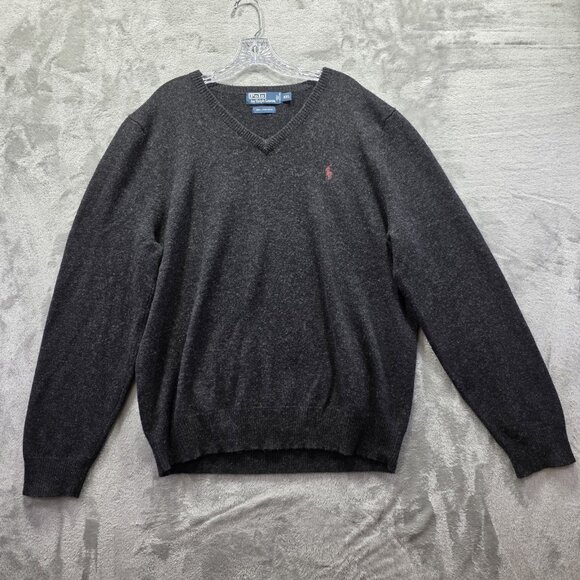 Polo Ralph Lauren Sweater Mens 2XL Gray Lambswool V Neck Pullover Pony Logo - Picture 1 of 8